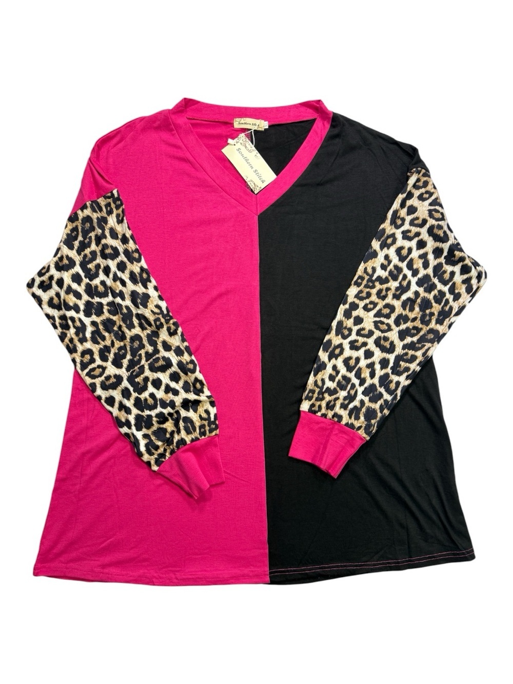 Southern Stitch Colorblock Leopard Sleeve Top XL NWT